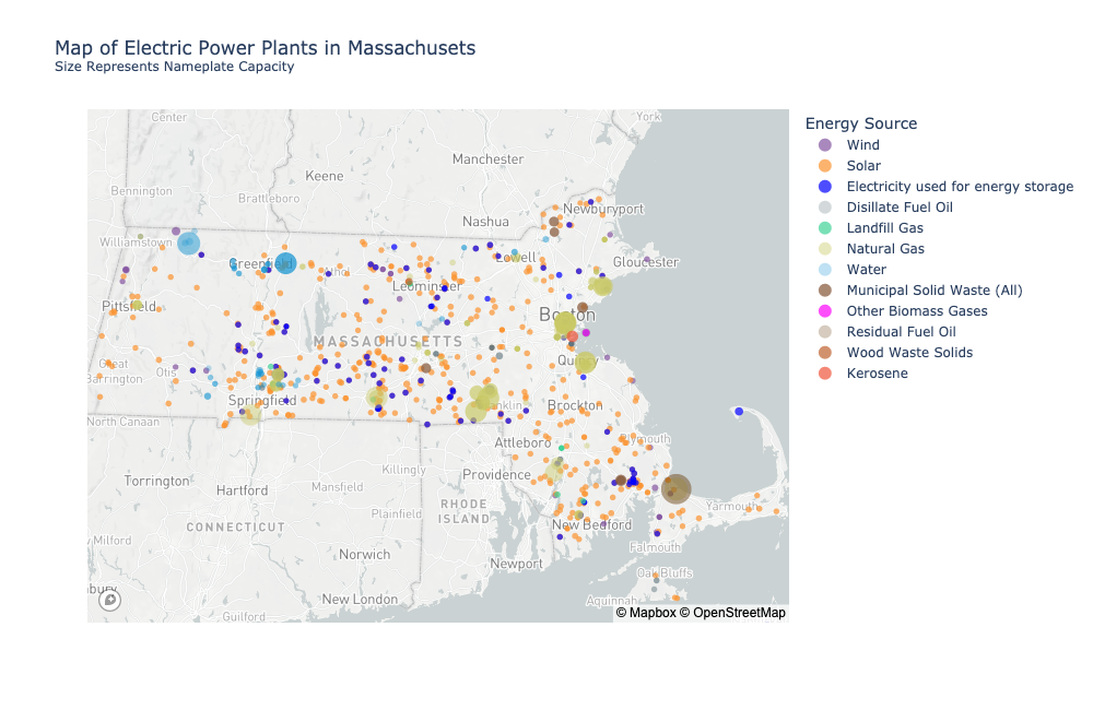 Static map of electrical plants in Massachusetts using Mapbox data