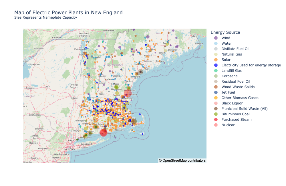 Static map of electrical plants in New England using OpenStreetMap data