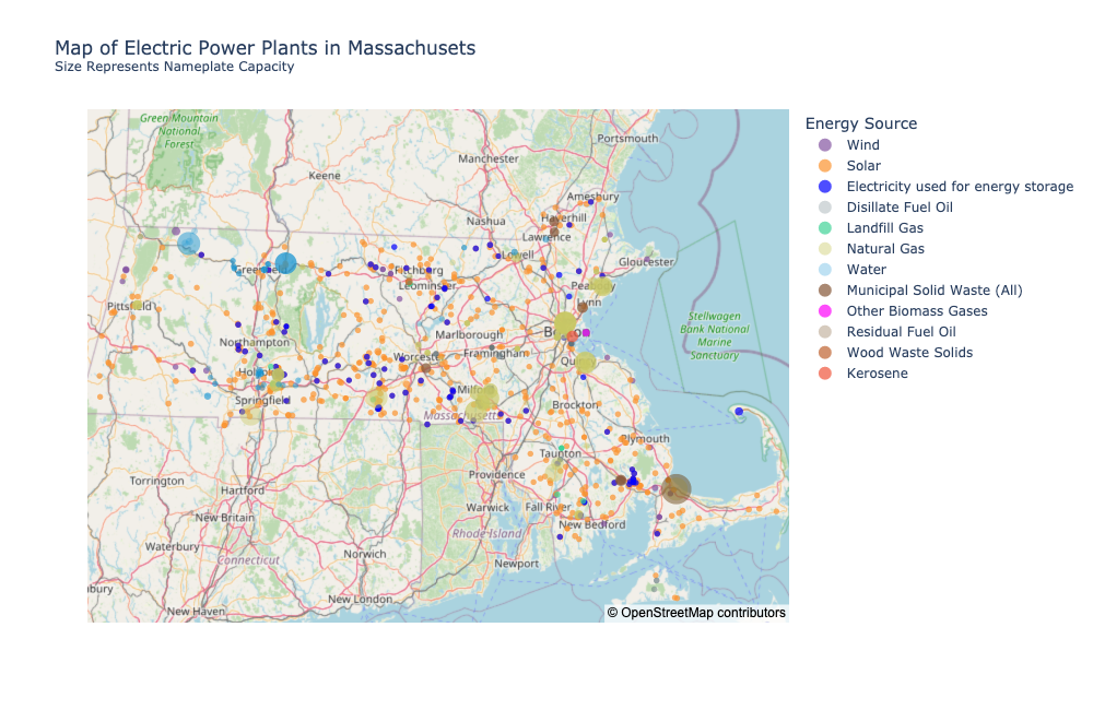 Static map of electrical plants in Massachusetts using OpenStreetMap data
